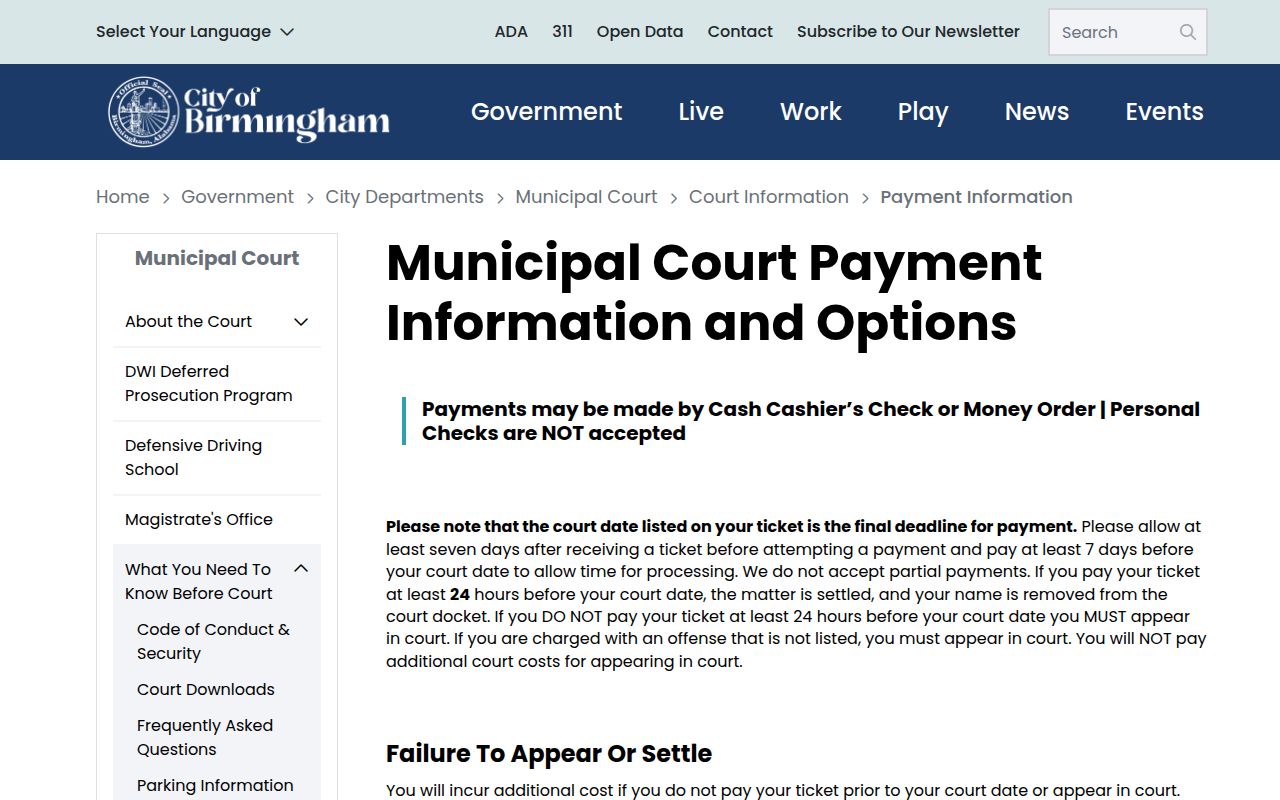 Birmingham Municipal Court website showing court information and online services