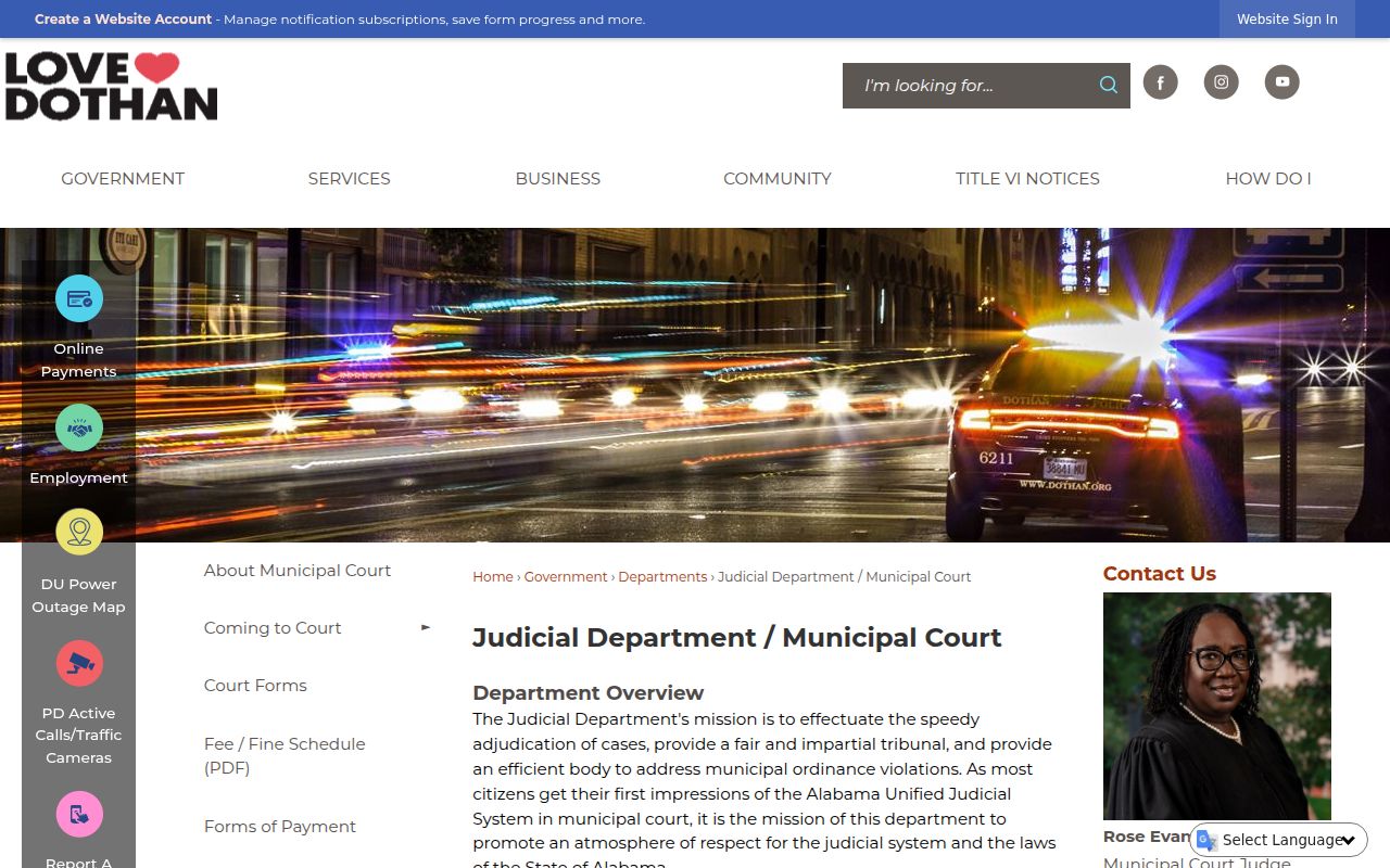 Dothan Municipal Court website showing court information and online payment options