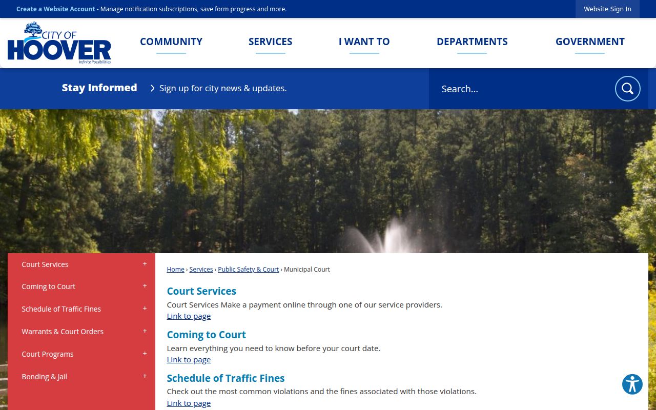 Hoover Municipal Court website showing court information and online services