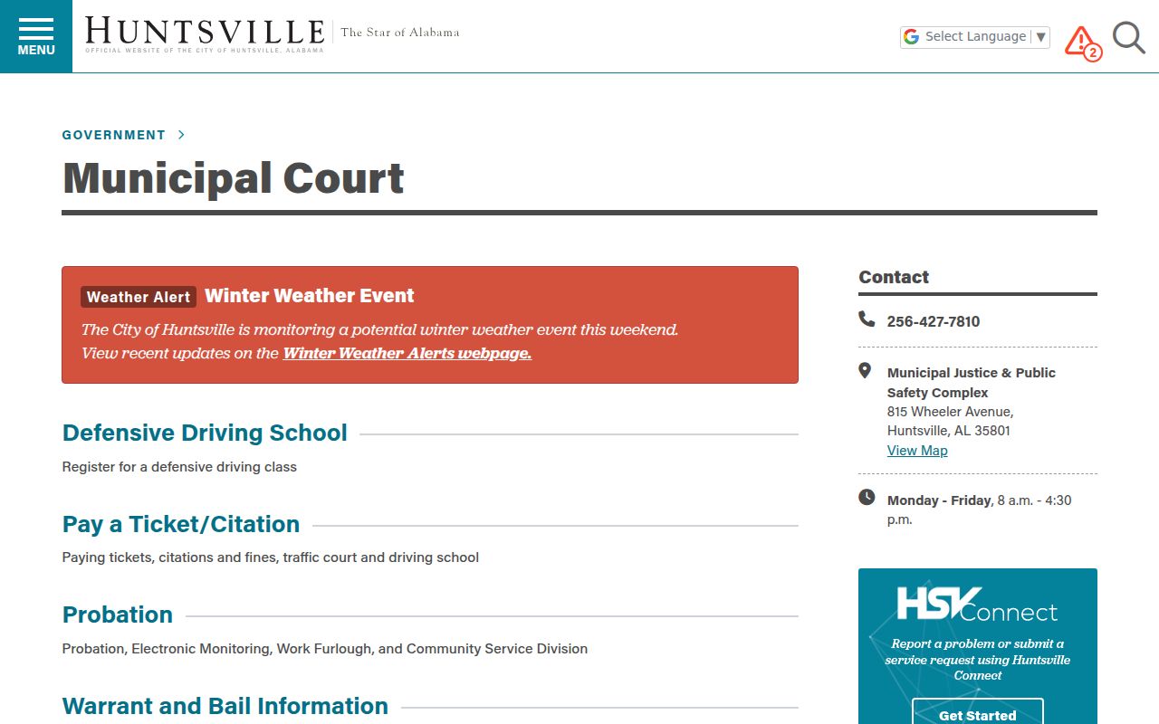 Huntsville Municipal Court website showing court information and online services