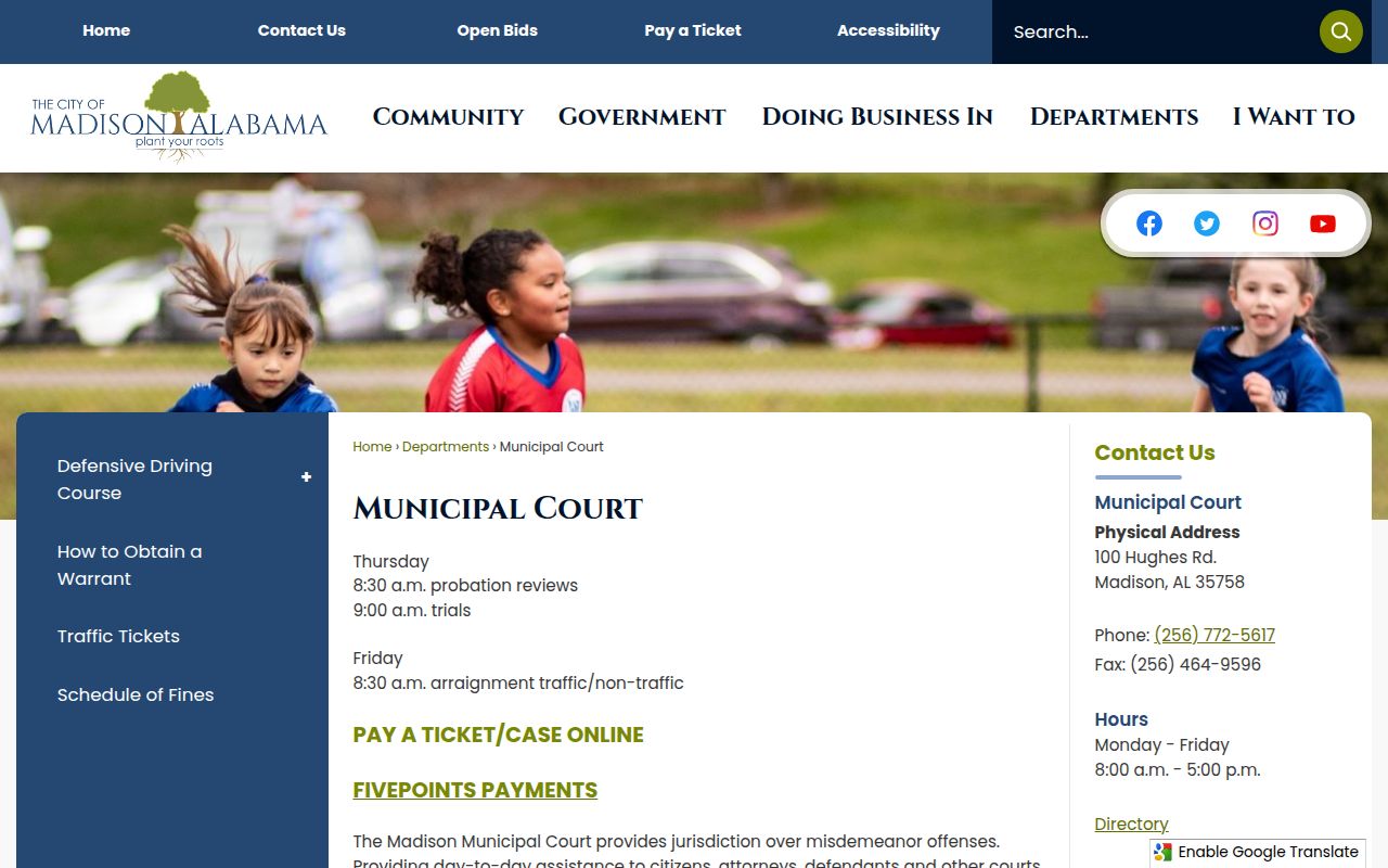 Madison Municipal Court website showing court information and services