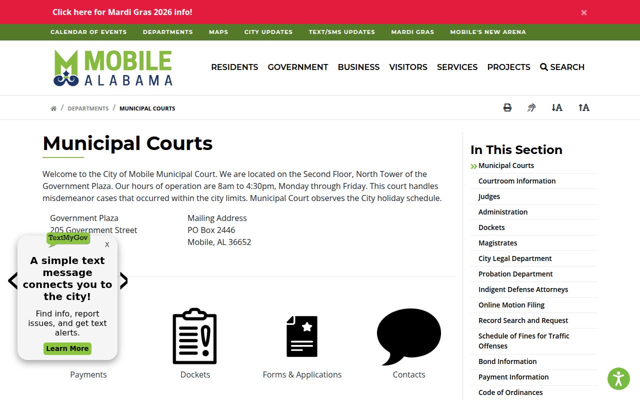 Mobile Municipal Court website showing court information and online services