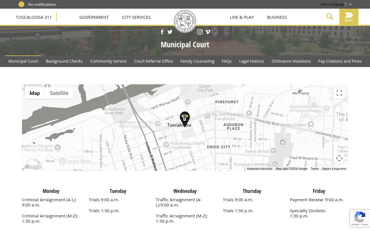 Tuscaloosa Municipal Court website showing court information and online services