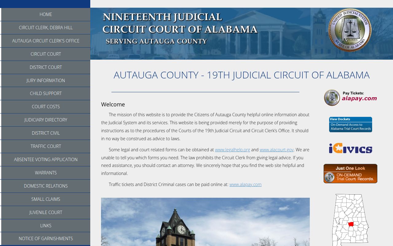 Autauga County Circuit Court website showing court information and services