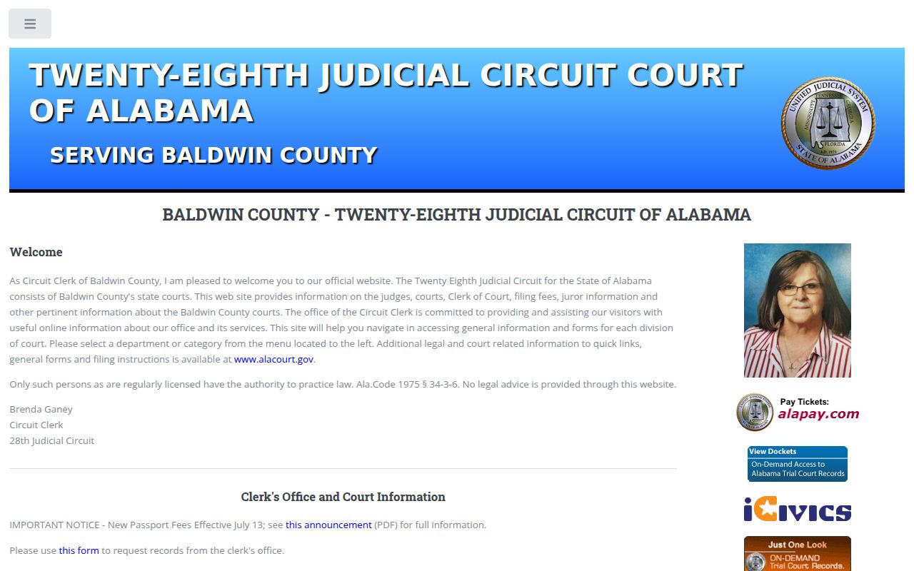 Baldwin County Circuit Court website showing court information and services