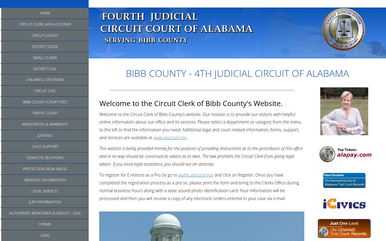 Bibb County Circuit Court website showing court information and services