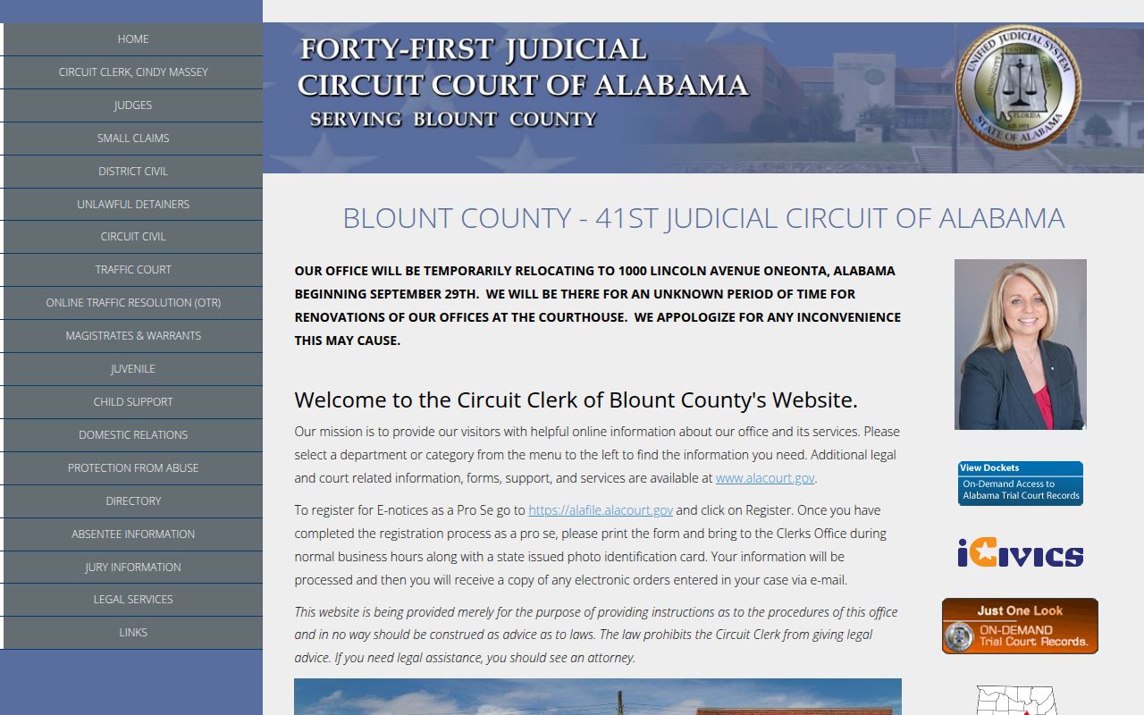 Blount County Circuit Court website showing court information and services