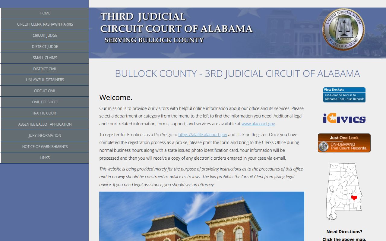 Bullock County Circuit Court website showing court information and services