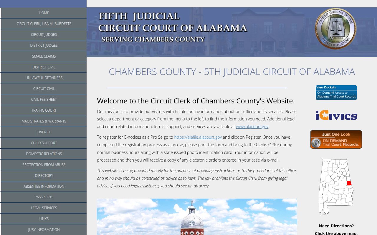 Chambers County Circuit Court website showing court information and services
