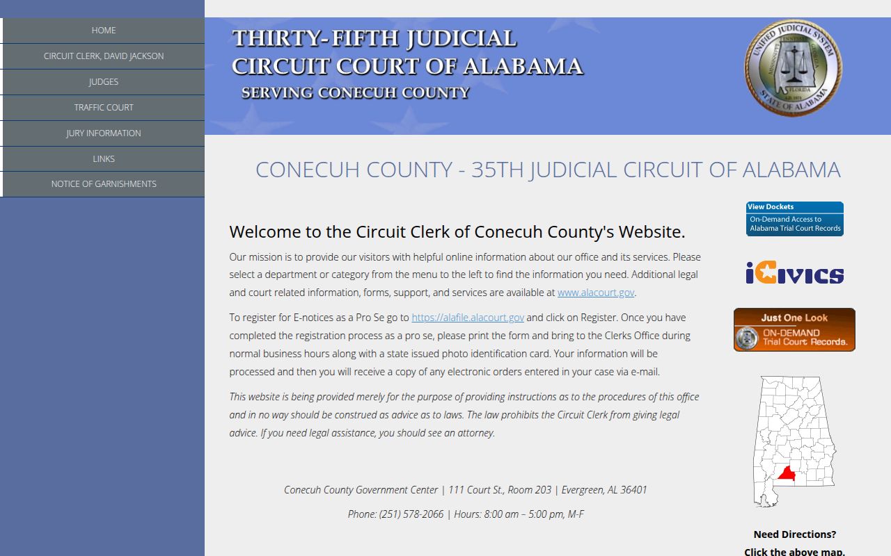 Conecuh County Circuit Court website showing court information and services