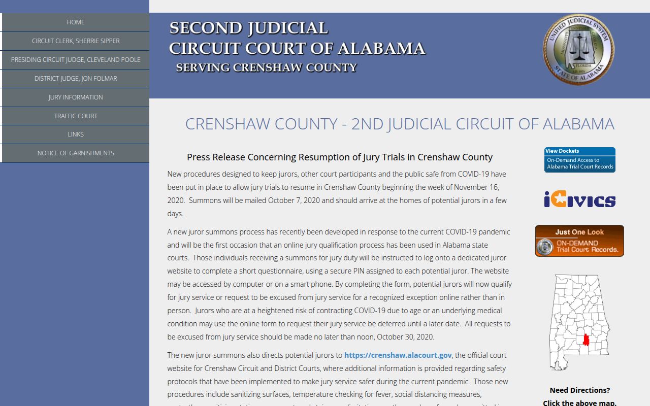 Crenshaw County Circuit Court website showing court information and services