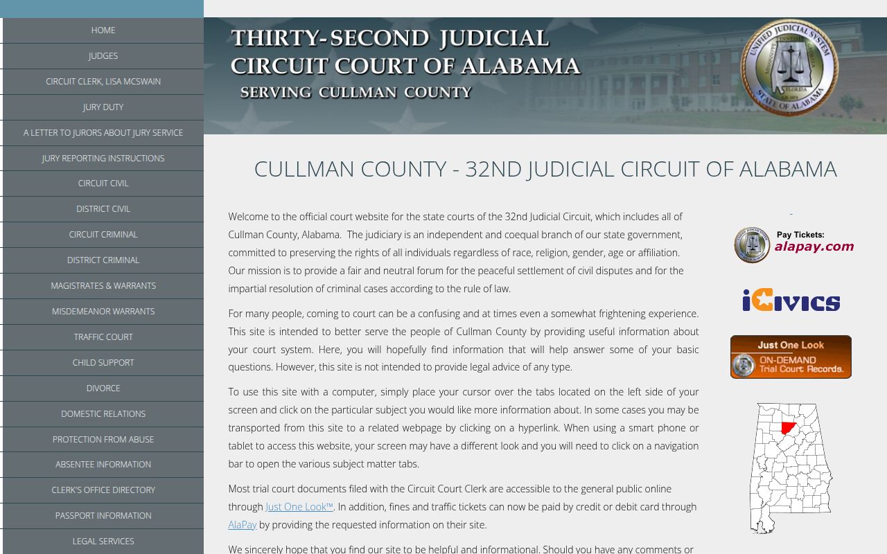 Cullman County Circuit Court website showing court information and services