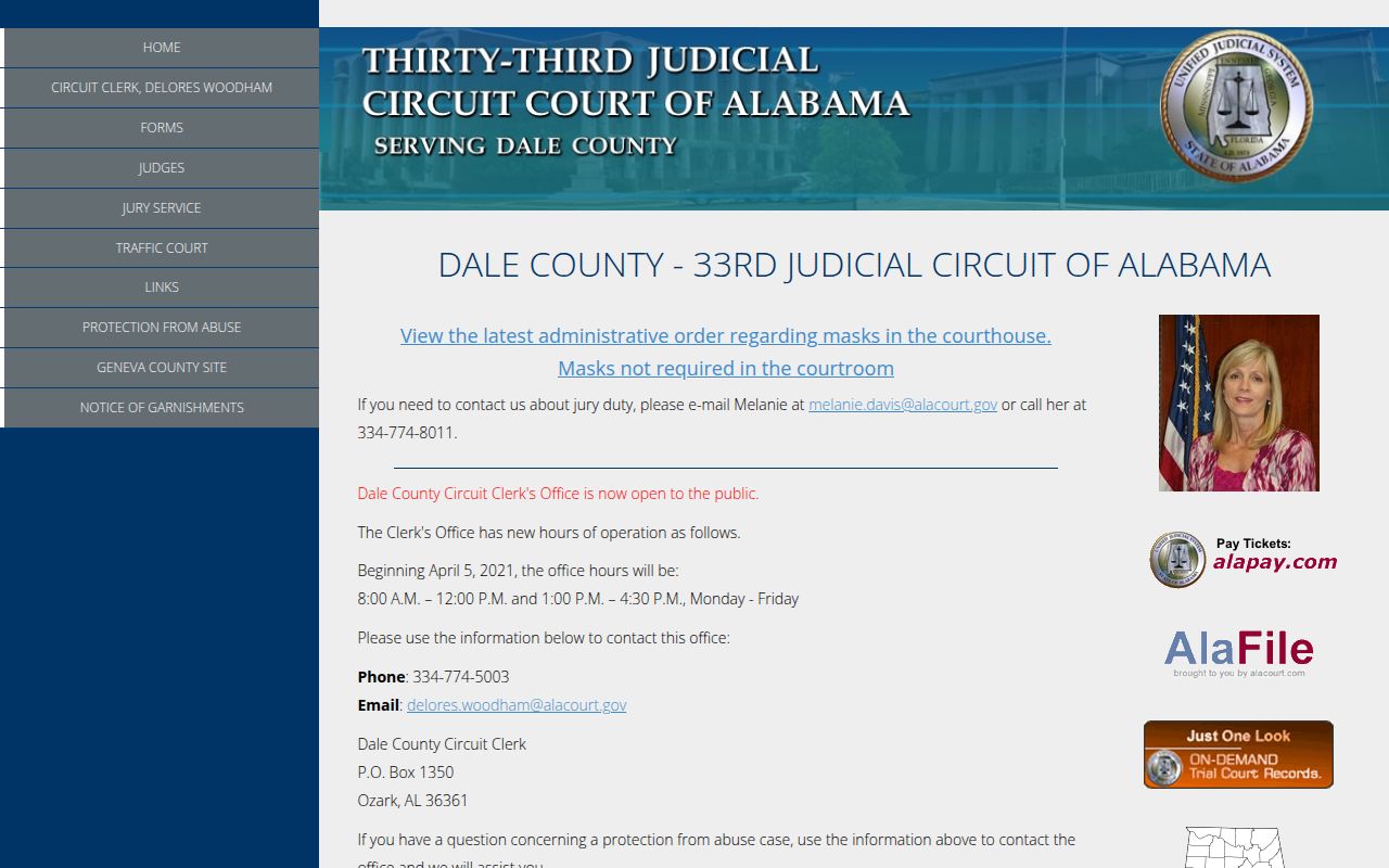 Dale County Circuit Court website showing court information and case search options