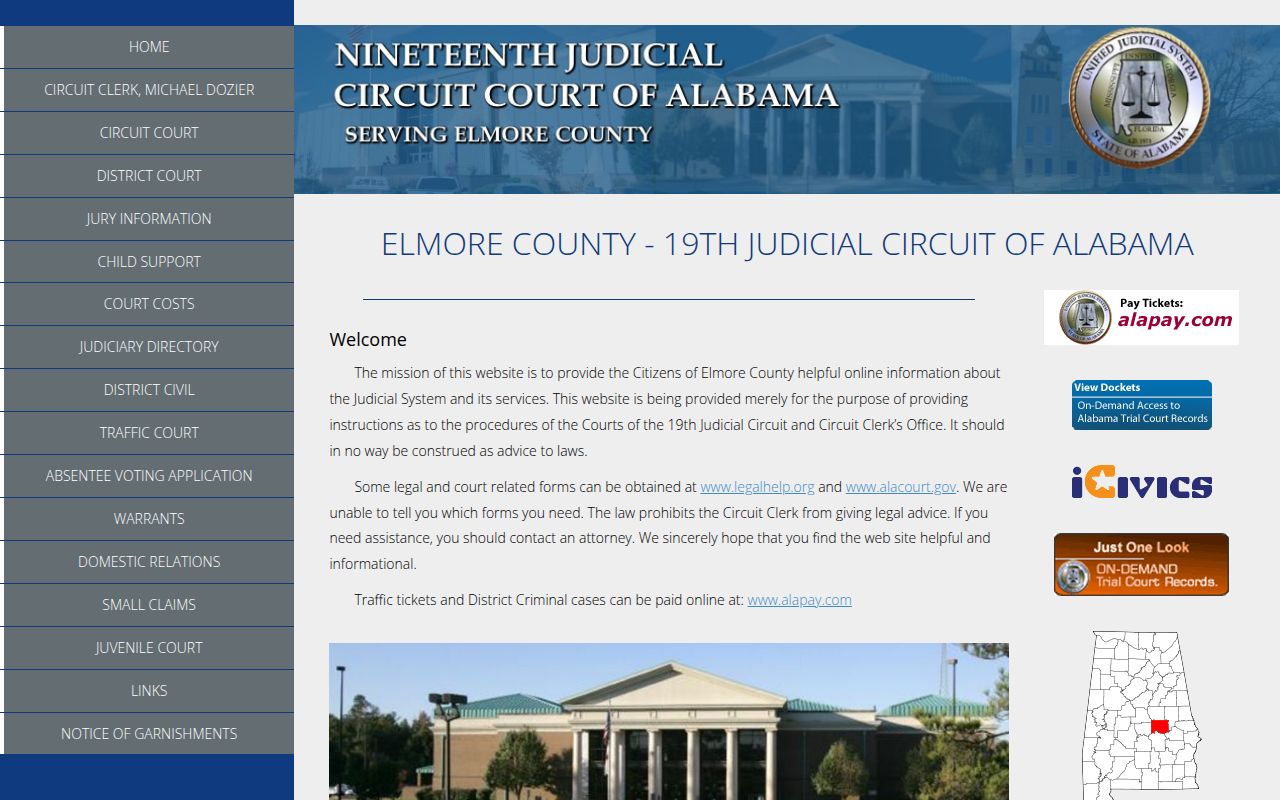 Elmore County Circuit Court website showing court information and case search options