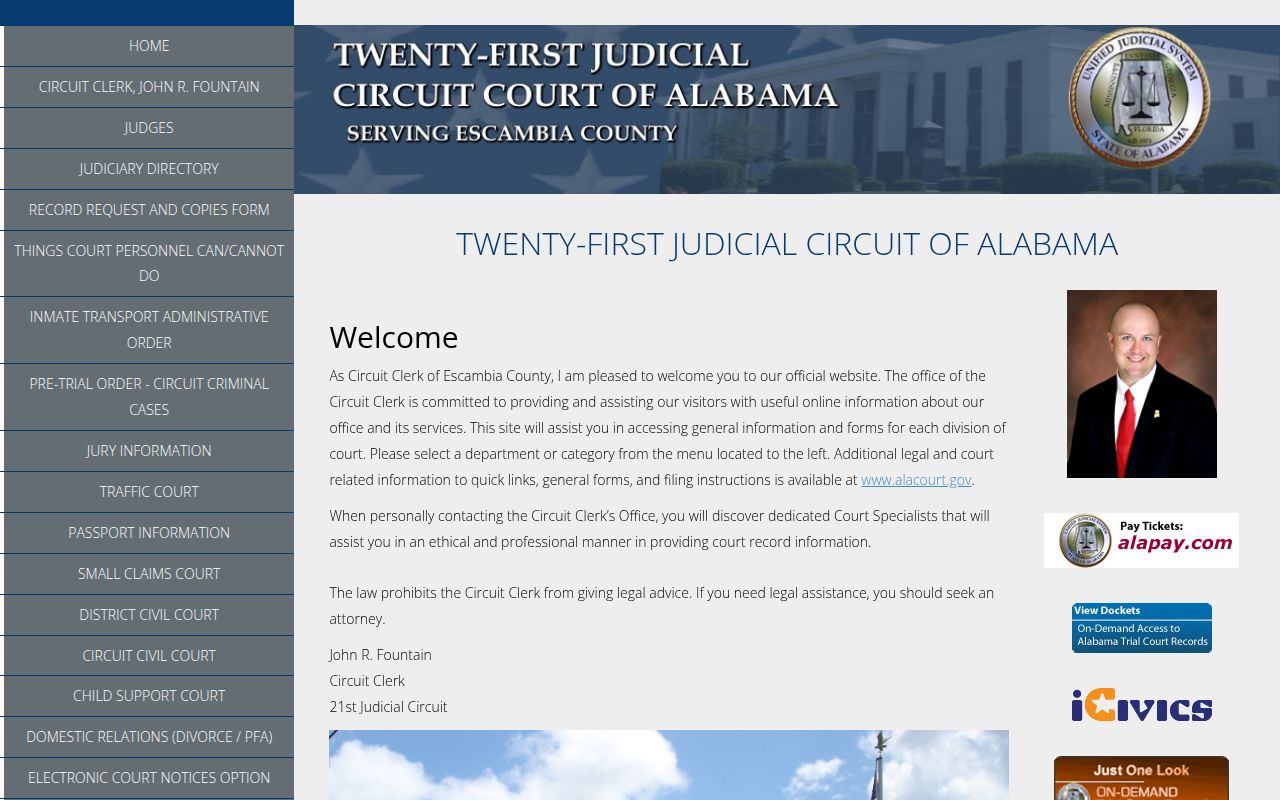Escambia County Circuit Court website showing court information and case search options