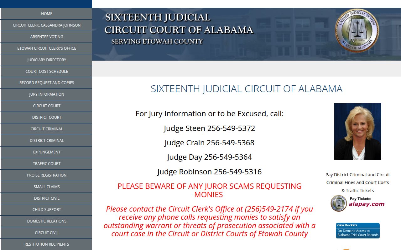 Etowah County Circuit Court website showing court information and case search options