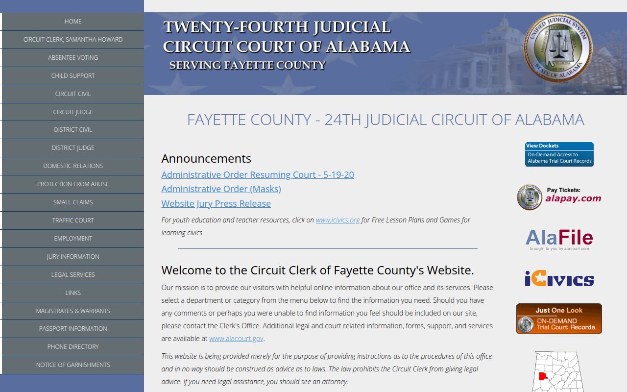 Fayette County Circuit Court website showing court information and case search options