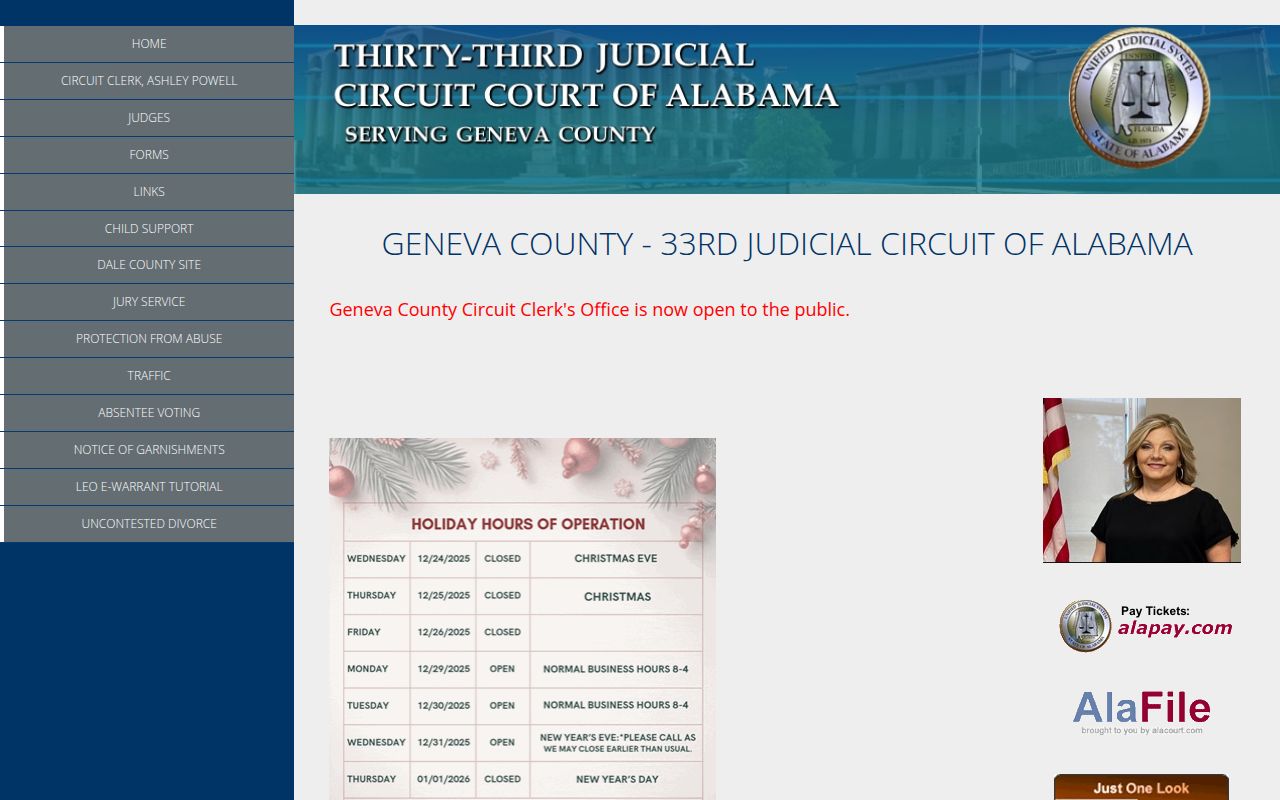 Geneva County Circuit Court website showing court information and case search options