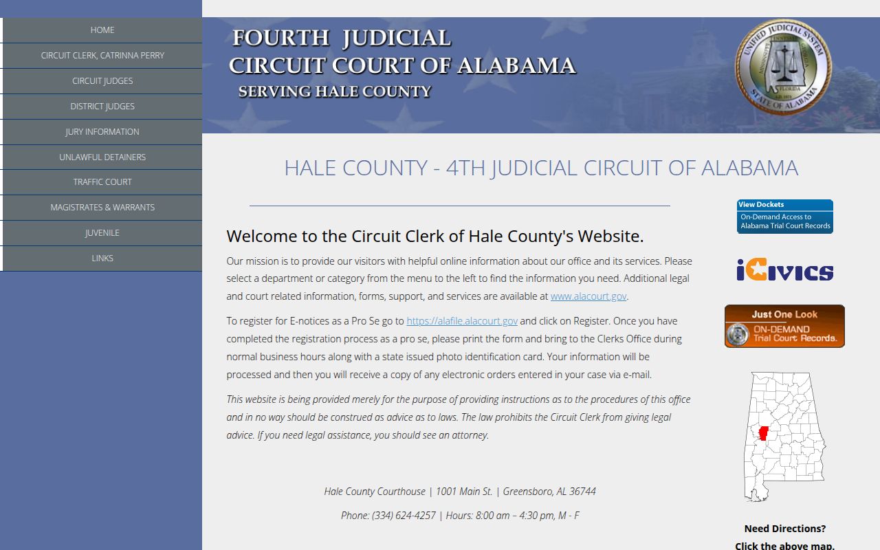Hale County Circuit Court website showing court information and case search options