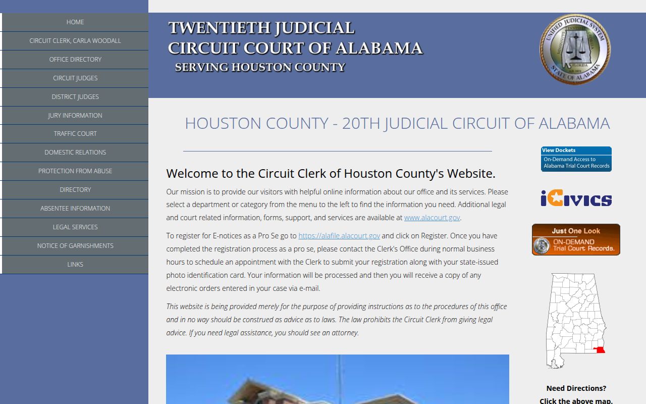 Houston County Circuit Court website showing court information and case search options