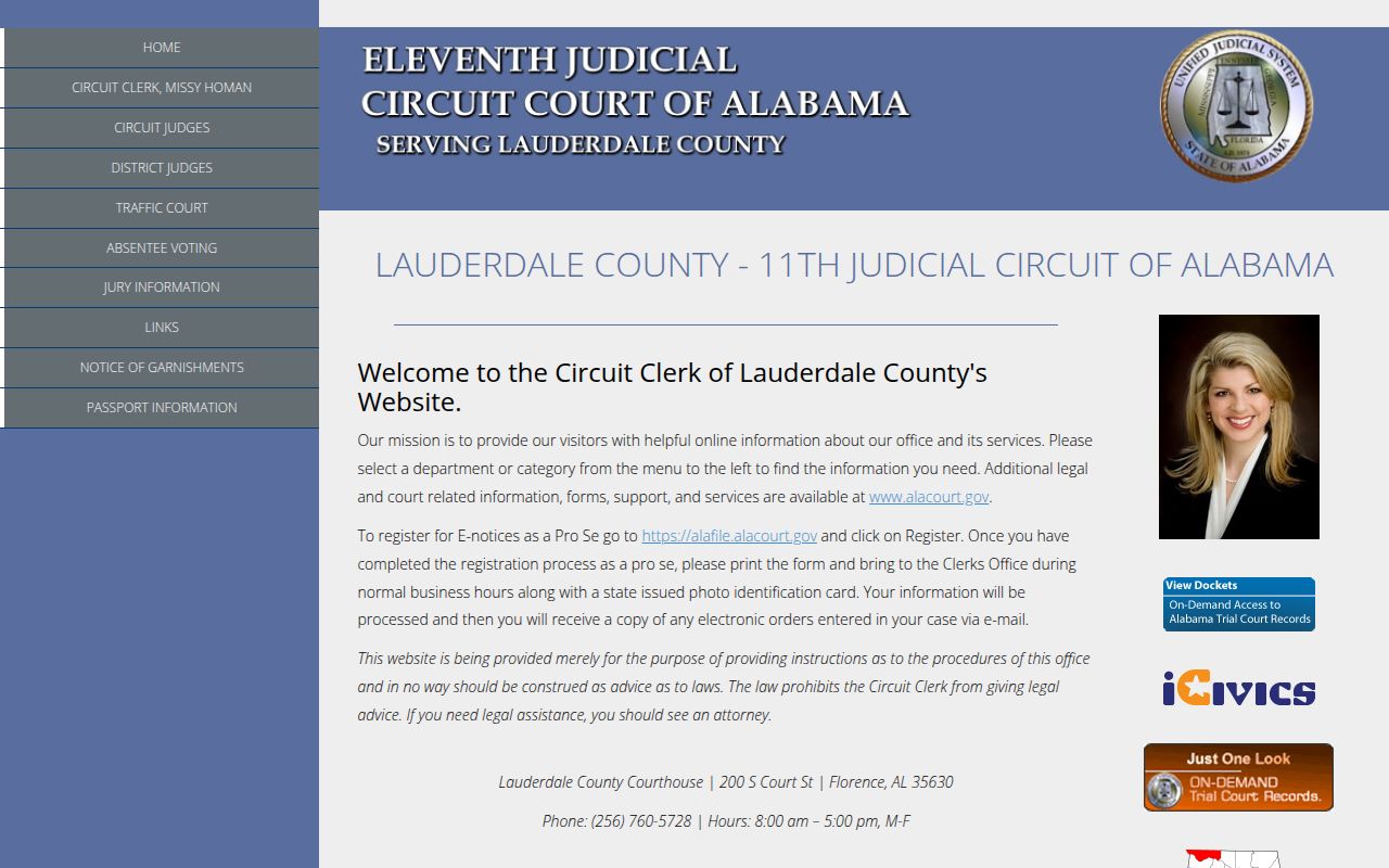 Lauderdale County Circuit Court website showing court information and services