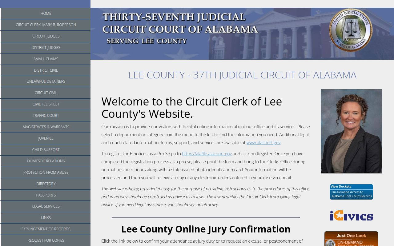 Lee County Circuit Court website showing court information and services