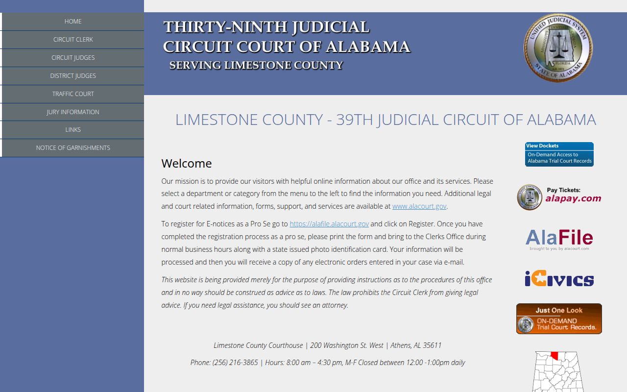 Limestone County Circuit Court website showing court information and services