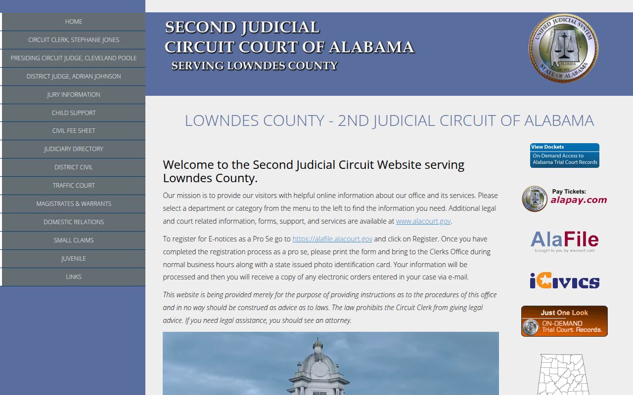 Lowndes County Circuit Court website showing court information and services