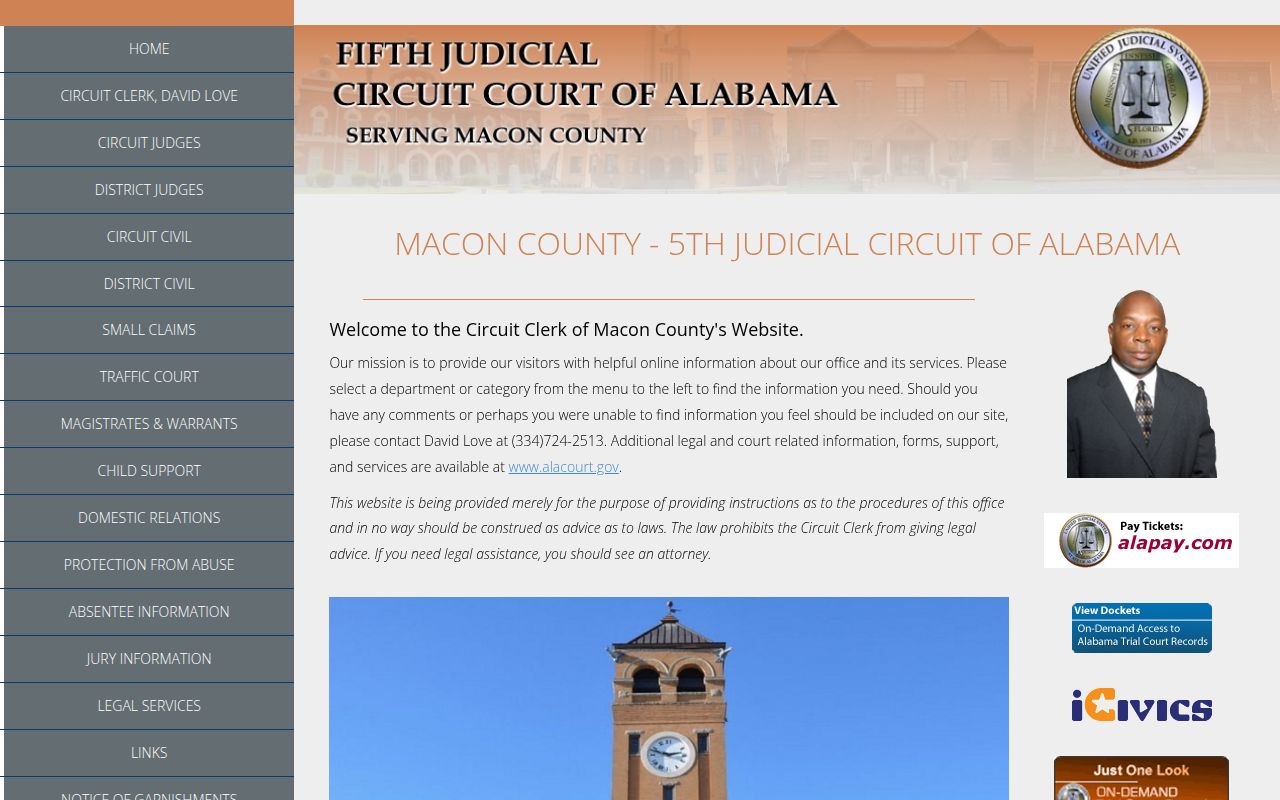 Macon County Circuit Court website showing court information and services