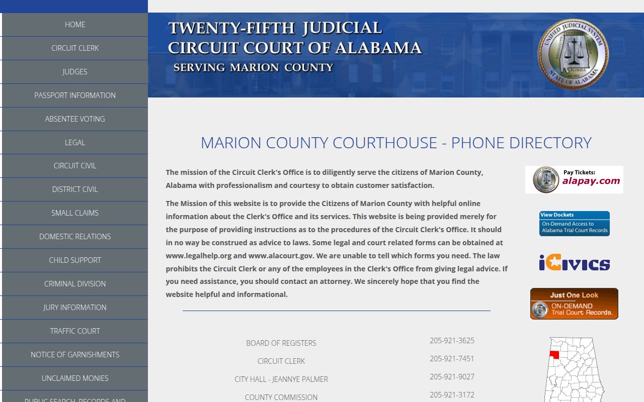 Marion County Circuit Court website showing court information and services