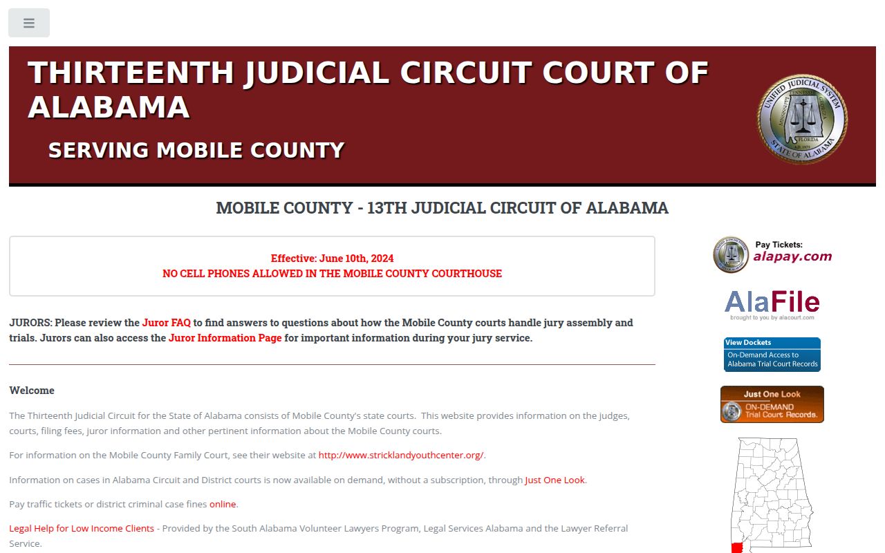 Mobile County Circuit Court website showing court information and services