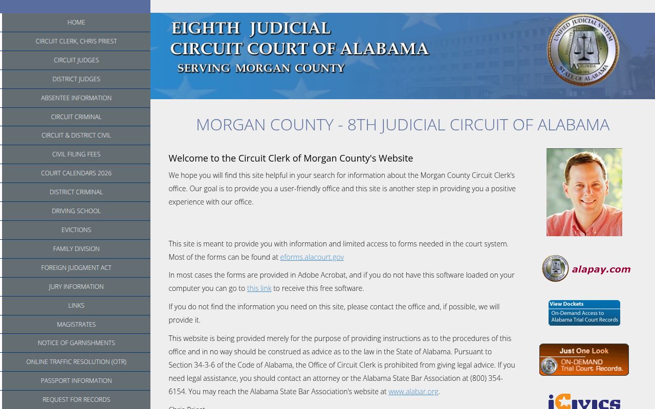 Morgan County Circuit Court website showing court information and services
