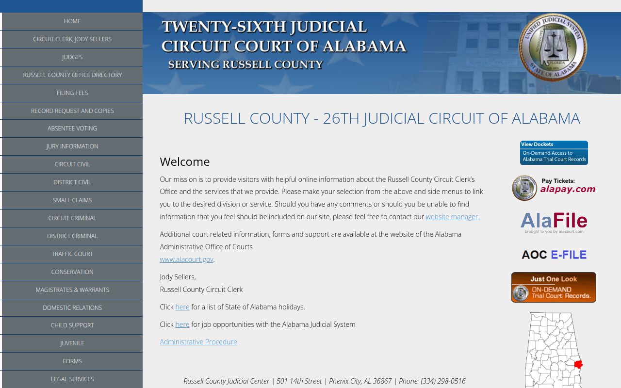Russell County Circuit Court website showing court information and services