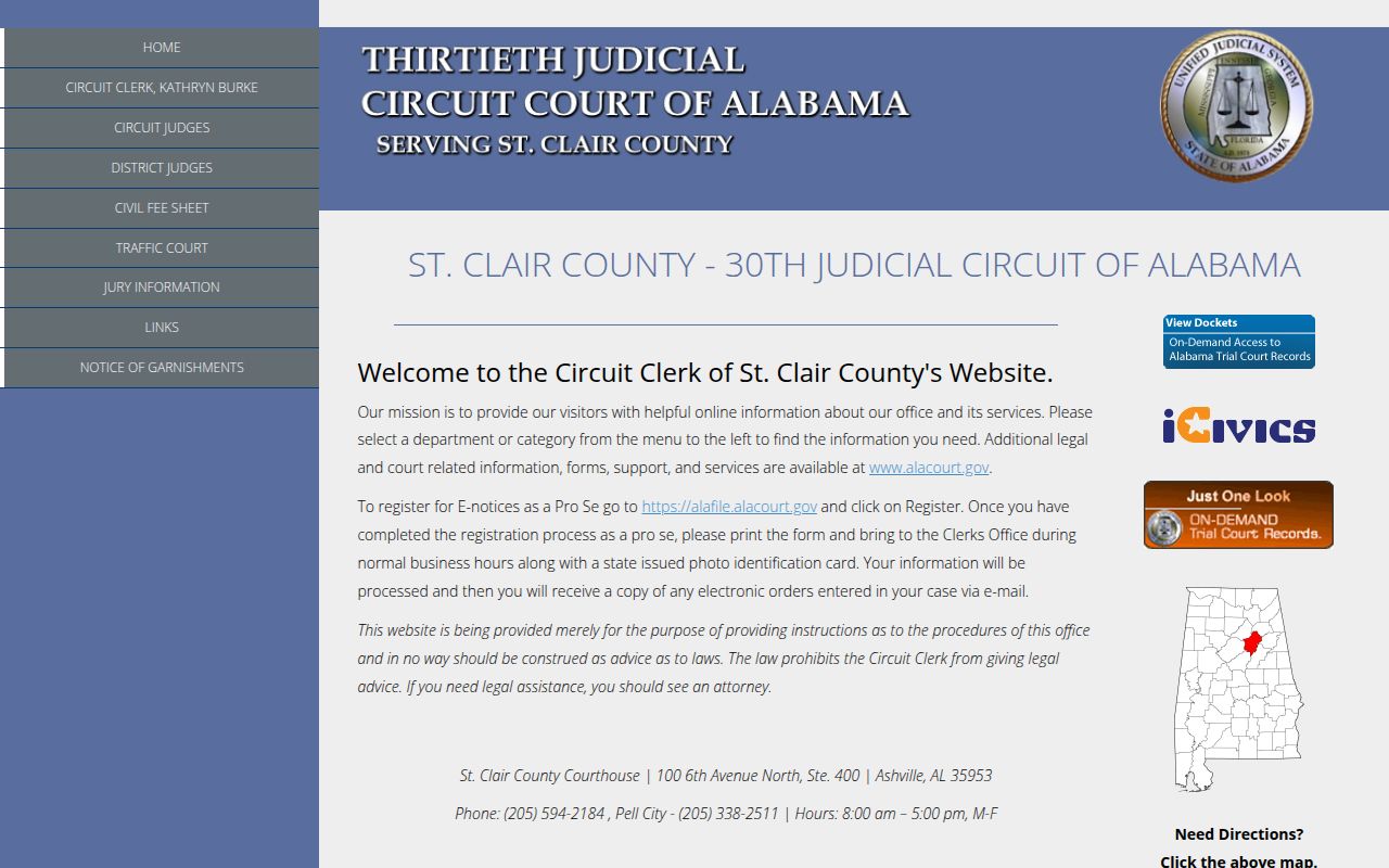 St. Clair County Circuit Court website showing court information and services