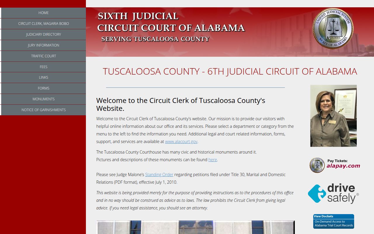 Tuscaloosa County Circuit Court website showing court information and services