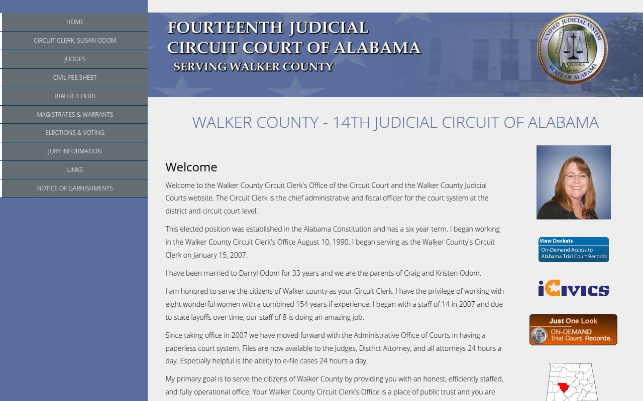 Walker County Circuit Court website showing court information and services