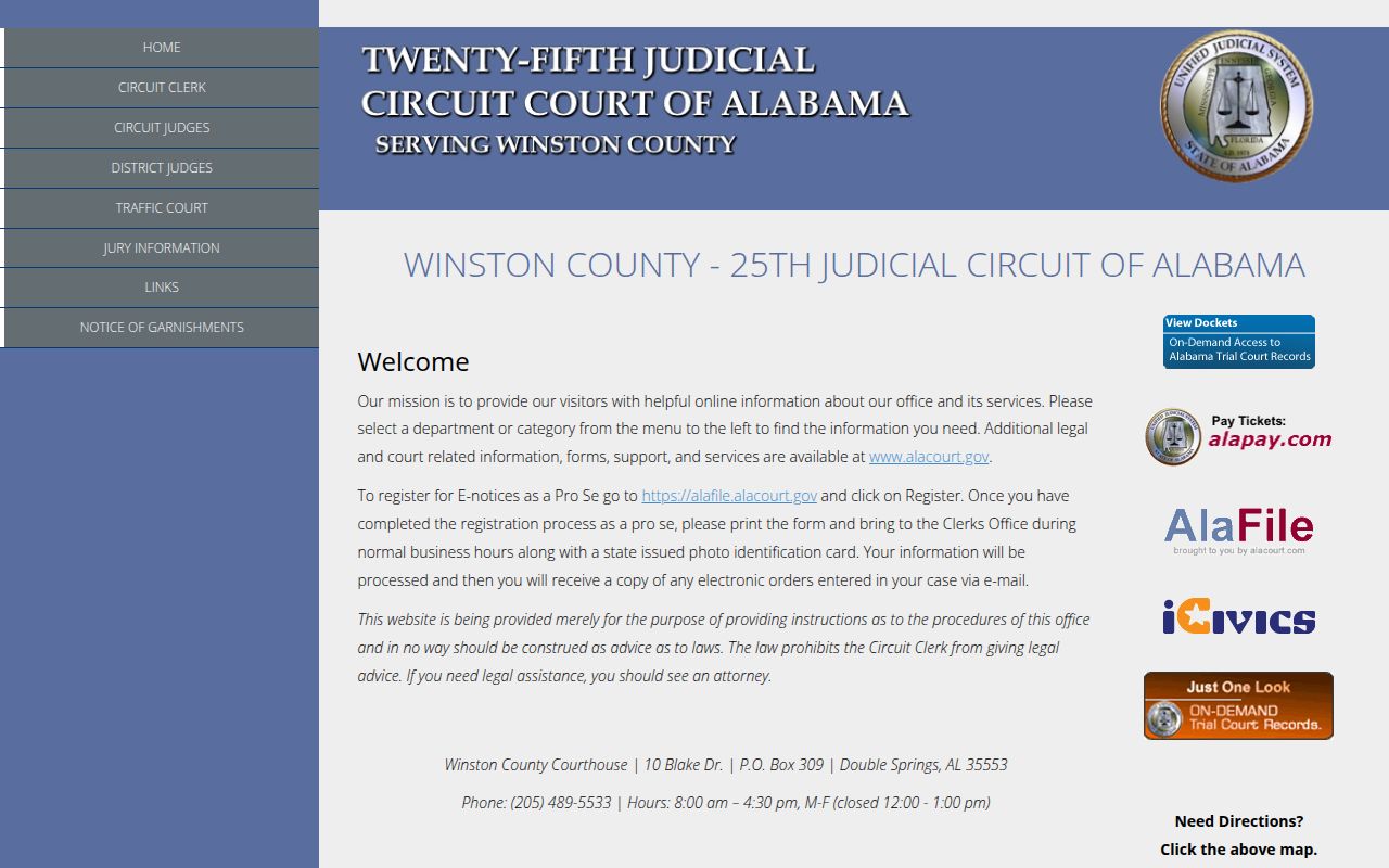 Winston County Circuit Court website showing court information and services