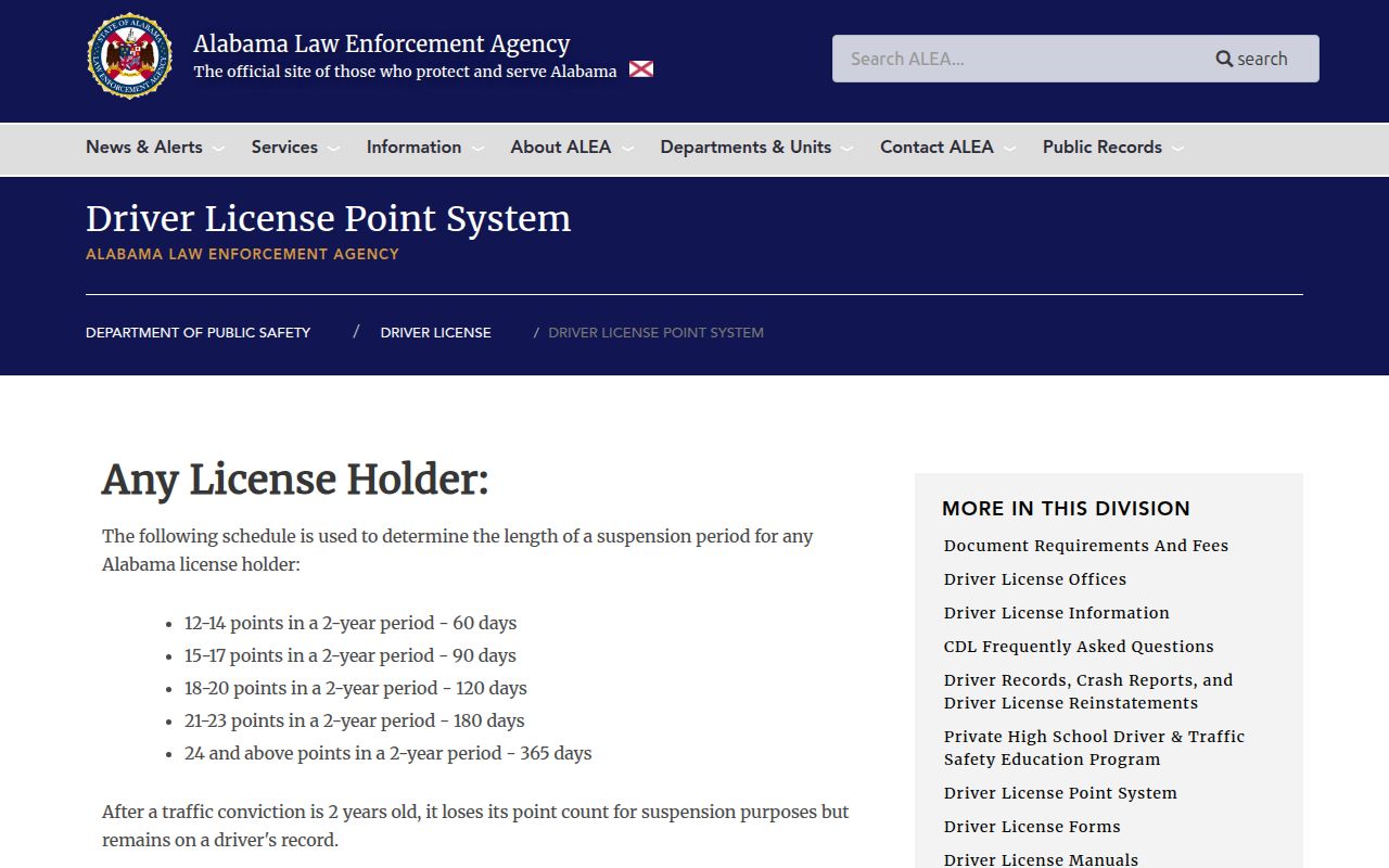 Alabama Law Enforcement Agency driver license point system information