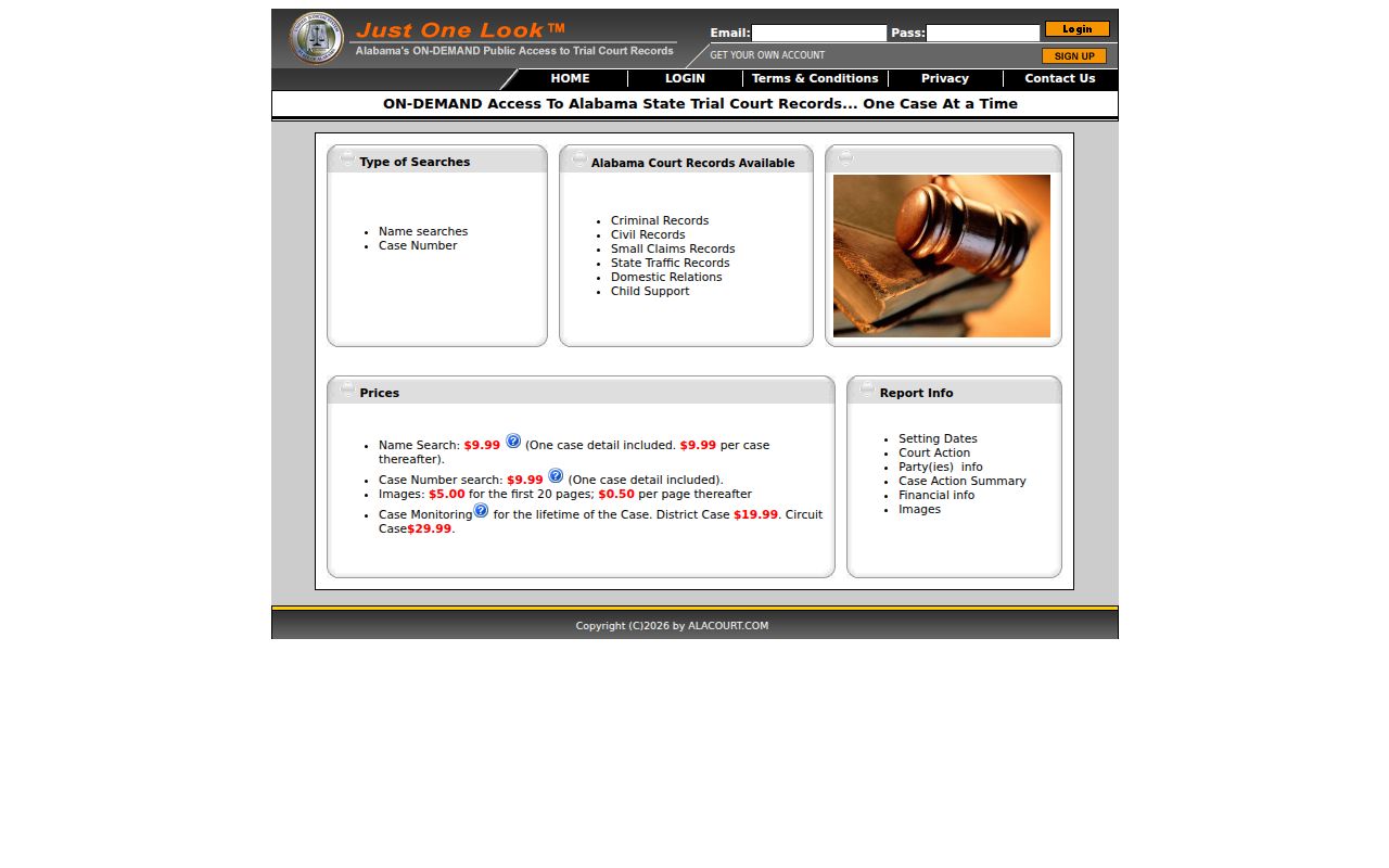 Alacourt public access portal for searching Alabama court records