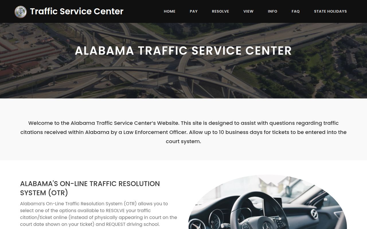 Alabama Online Traffic Resolution System portal showing search options for traffic citations